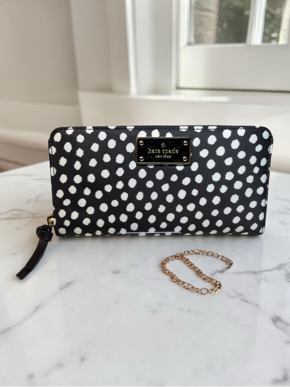 Kate Spade New York ♠️ Black White Polka Dot Zip Around Wallet Nylon